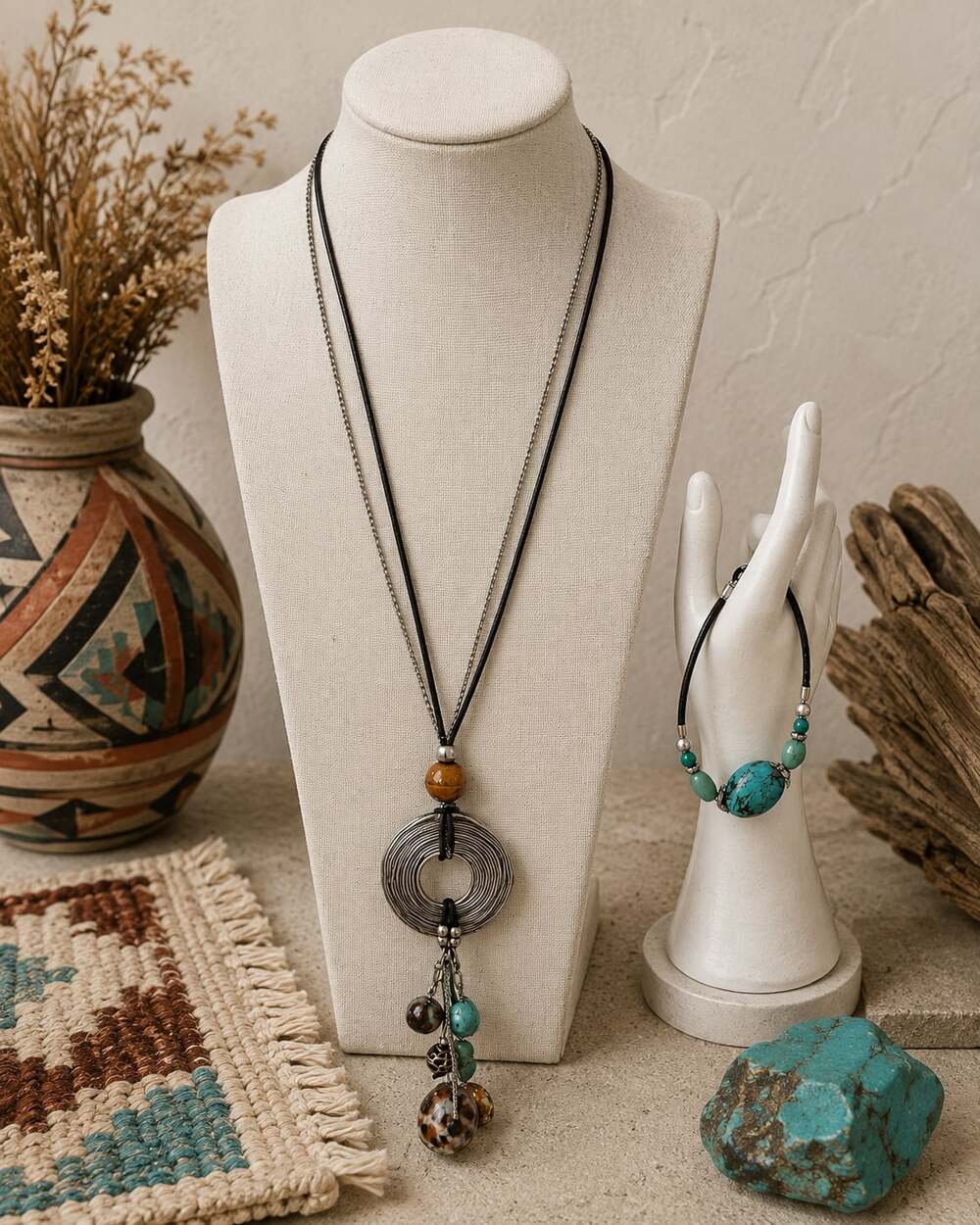 Southwestern Boho Turquoise Stone Bracelet & Pendant Necklace Set